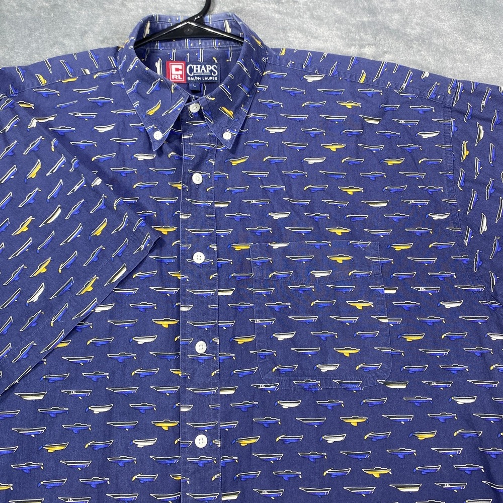 VINTAGE Chaps Ralph Lauren Shirt Mens Large Short Sleeve Button Down Blue Boat